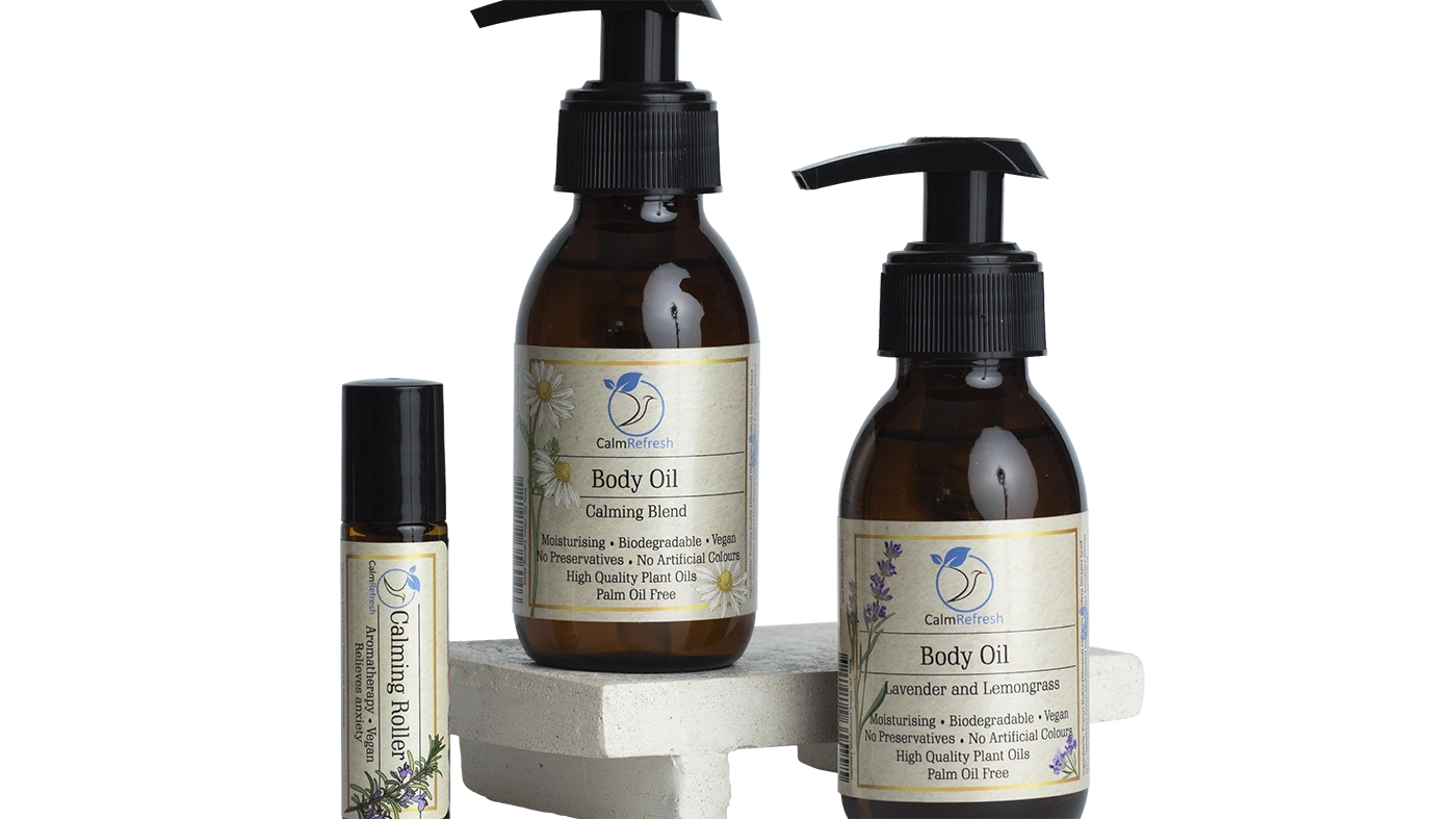 Body Oil Range with Calming Roller Products Image Transparent