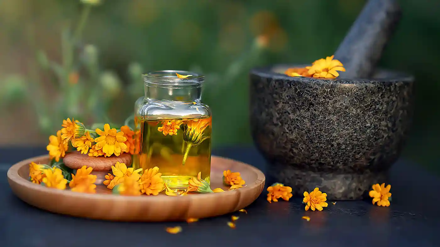 Calendula flowers next to glass jar and mortar and pestle