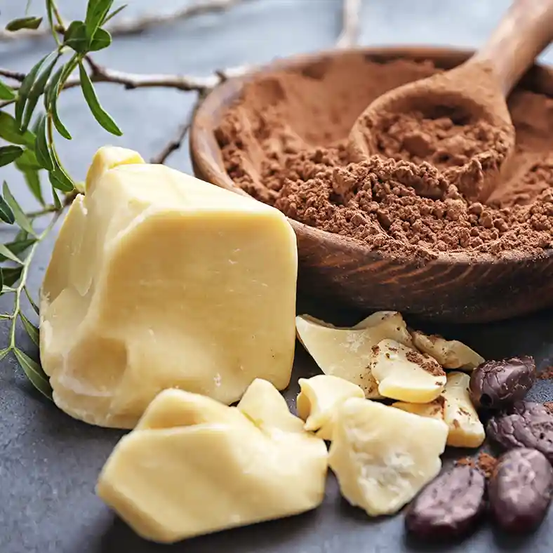 Cocoa Butter next to cocoa powder and beans