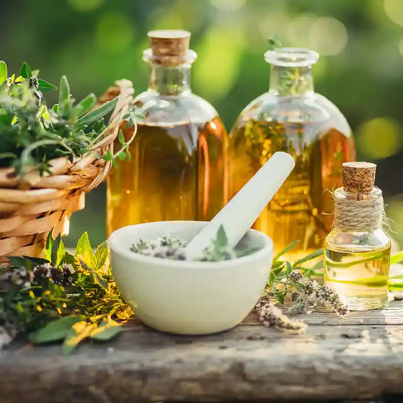 Mortar and pestle with herbs and oils