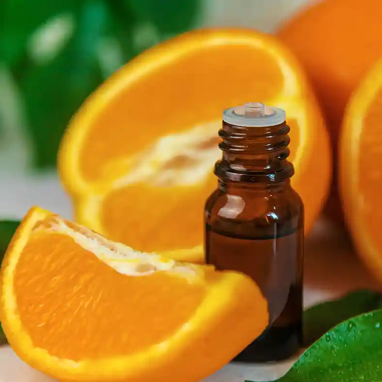 Orange slices around an amber essential oil glass bottle