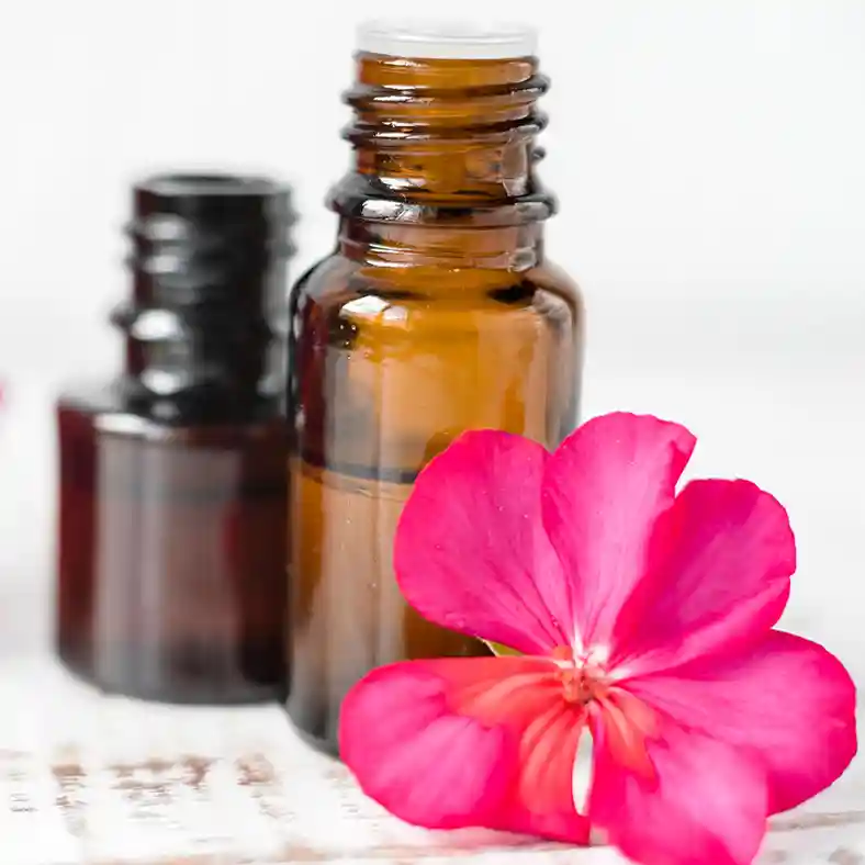 Rose Geranium flowers in front of small amber glass bottles